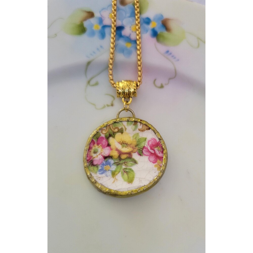 Vintage Broken China Round Floral Pendant Necklace, Yellow Rose & Pink Peony